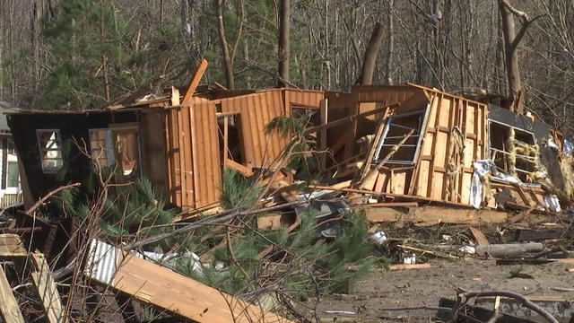 A structure is seen February 16, 2021, after an apparent tornado hit Brunswick County, North Carolina, overnight. 