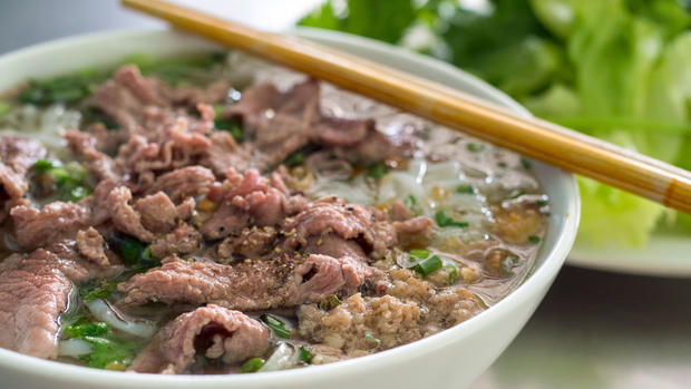 A bowl of beef pho, Vietnamese noodle soup, in Kon Tum, 