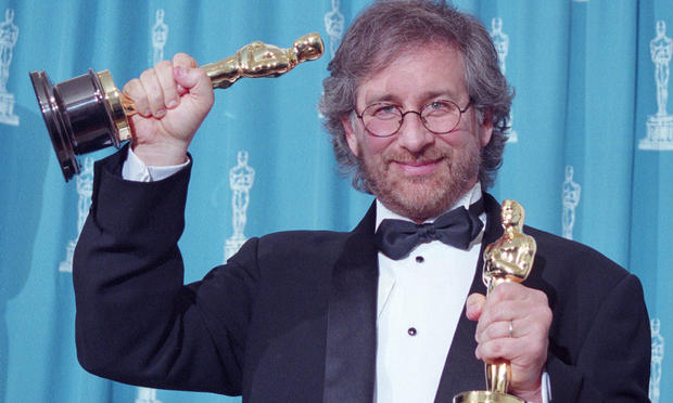 Steven Spielberg Holding Two Oscars 