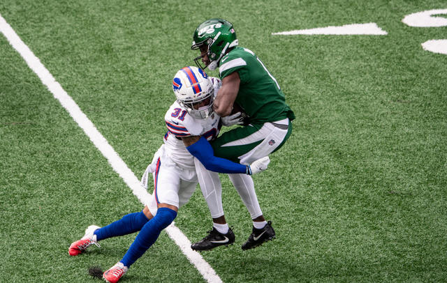 FILE - Buffalo Bills strong safety Dean Marlowe walks off the field after  an NFL football game against the New York Jets in Orchard Park, N.Y., in  this Sunday, Sept. 13, 2020