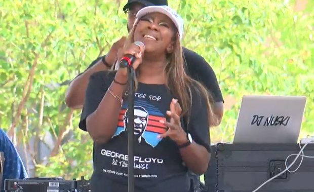 Singer Le'Andria Johnson performs May 25, 2021, at a Celebration of Life event in Minneapolis marking a year since George Floyd's death at the hands of police. 