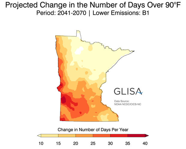 Projected Changed In 90-Degree Days In Minnesota 