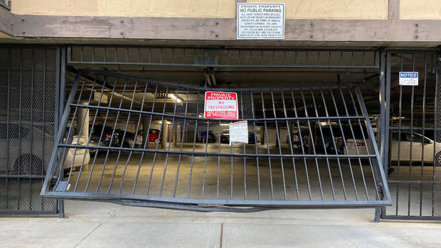 San Leandro police chase parking garage gate damaged 
