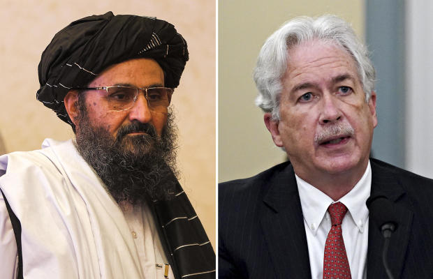 Split screen: Taliban leader Abdul Ghani Baradar and CIA Director William Burns 