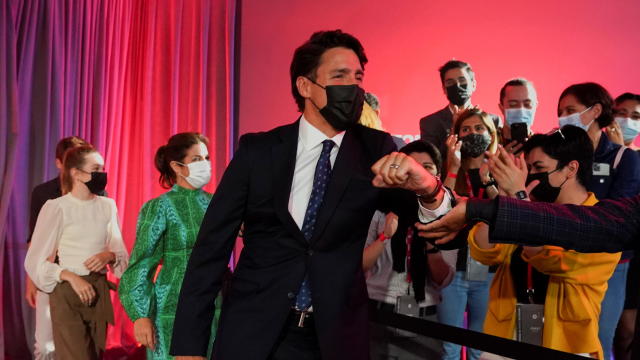 Canada's Liberal Prime Minister Justin Trudeau greets supporters during the Liberal election night party in Montreal 