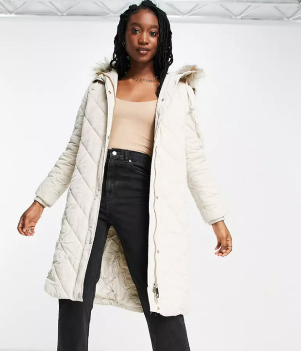 ASOS Ever New diamond quilted puffer coat with faux fur hood trim 
