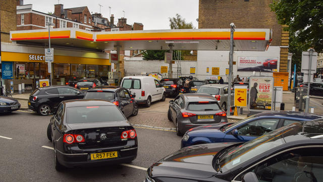 Long queues form at a Shell petrol station in Islington. 