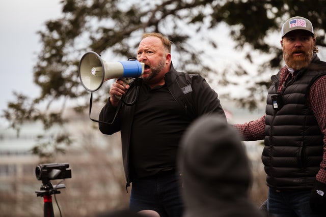 Alex Jones addresses a crowd on January 6, 2021, in Washington.