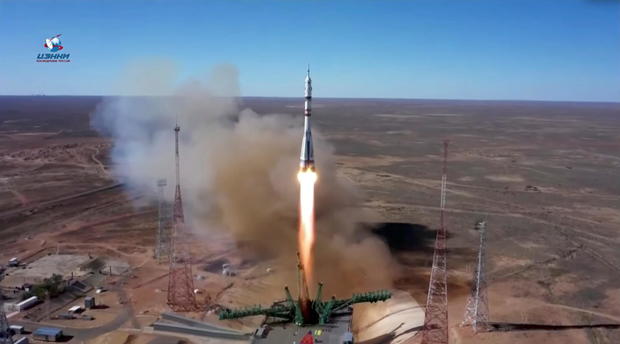 The Soyuz MS-19 spacecraft carrying ISS crew blasts off from the launchpad at the Baikonur Cosmodrome 