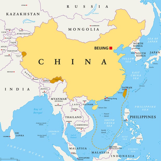 China, the region of control and claim, political map