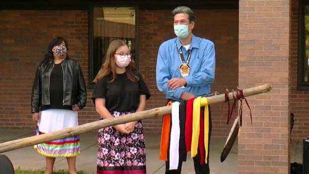 Peace Pole Outside St. Paul Public Schools HQ on Indigenous Peoples Day 