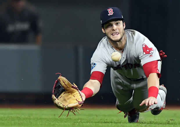Andrew Benintendi makes a diving catch to end Game 4 of the 2018 ALCS vs. the Astros. 