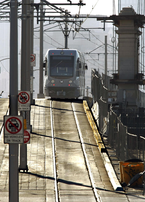 AUGUST 8, 2009. LOS ANGELES, CA. A Metro Gold Line test train moves down an incline from the 1st St 