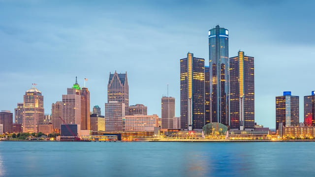Downtown skyline Detroit Michigan USA riverfront 
