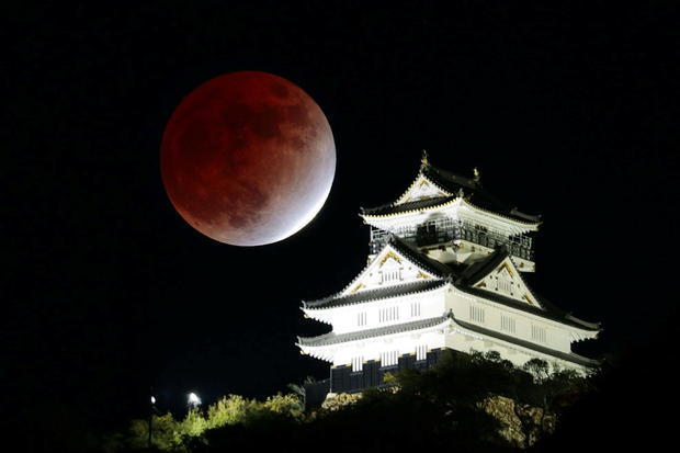Partial lunar eclipse observed over Gifu Castle in Gifu 