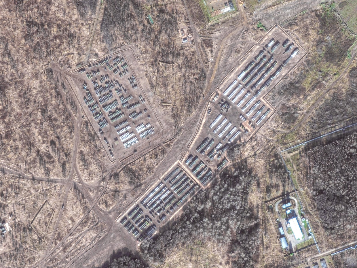 YELNYA, RUSSIA -- NOVEMBER 1, 2021:  Maxar high-resolution closeup (02) satellite imagery showing the presence of ground forces on the northern edge of of Yelnya in western Russia. Please use: Satellite image (c) 2021 Maxar Technologies. 
