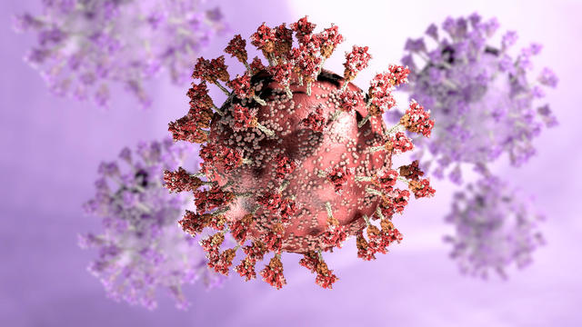 Virus variant, coronavirus, spike protein. Omicron. Covid-19 seen under the microscope 