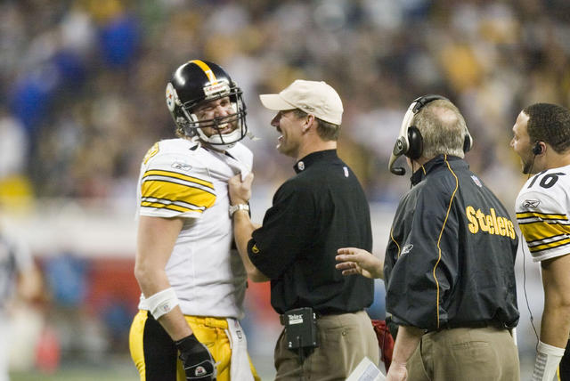 Pittsburgh Steelers running back Jerome Bettis recieves the game ball from  quarterback Ben Roethlisberger after the Pittsburgh Steelers defeat the  Seattle Seahawks 21 to 10 in Super Bowl XL at Ford Field