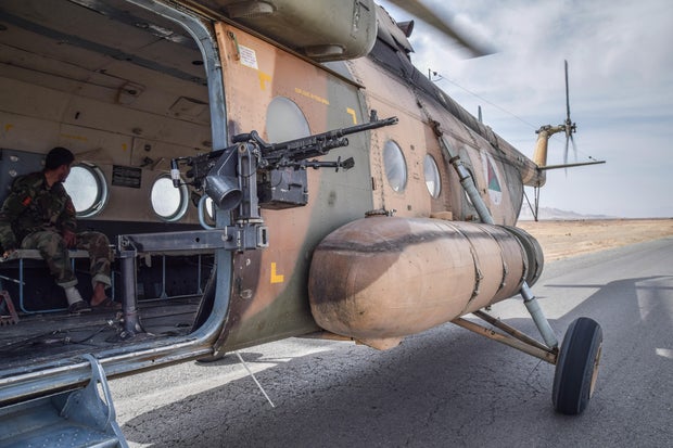 An Mi-17 helicopter of the Afghan Air Force, equipped with