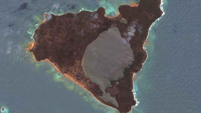 A satellite image shows the Nomuka island after Hunga Tonga-Hunga Ha'apai volcano eruption, in  Tonga 