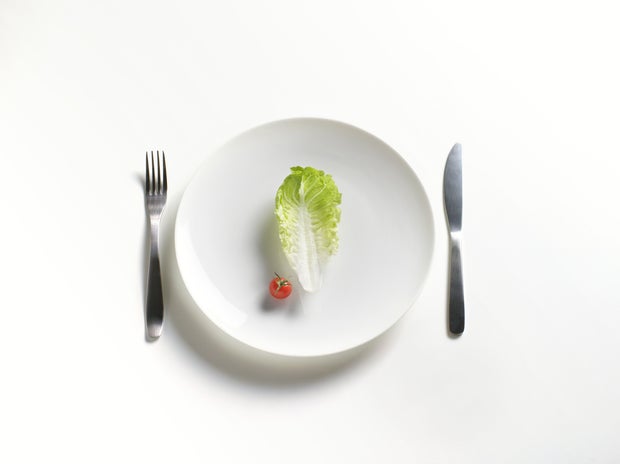 eating disorder anorexia  Dieter meal on pate with copy space 