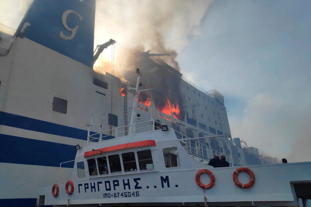 Fire on the Italian-flagged Euroferry Olympia off the island of Corfu 