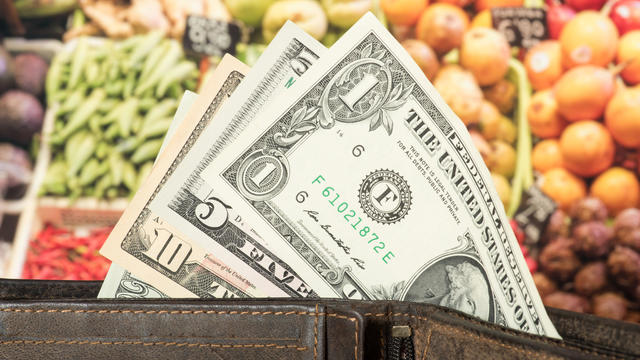 A purse, dollar banknotes and food prices in the U.S. 