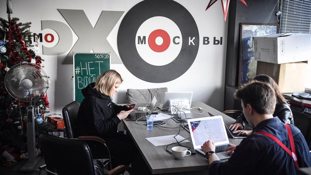 Journalists work at the office of Echo of Moscow radio in Moscow on March 3, 2022. 