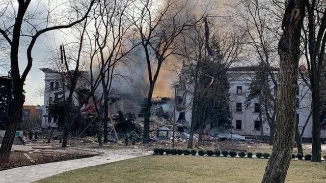 A view shows Donetsk Regional Theatre of Drama destroyed by an airstrike in Mariupol 