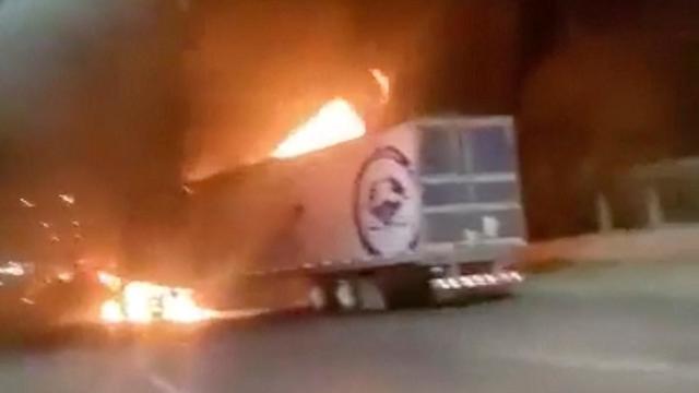 Truck is seen set ablaze following the arrest of a gang leader, in Nuevo Laredo 