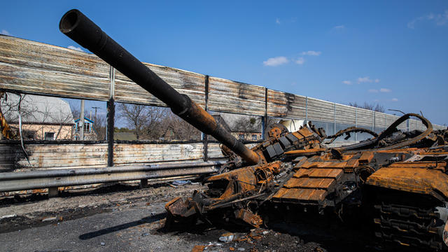 A destroyed Russian T-72 battle tank is seen at the 