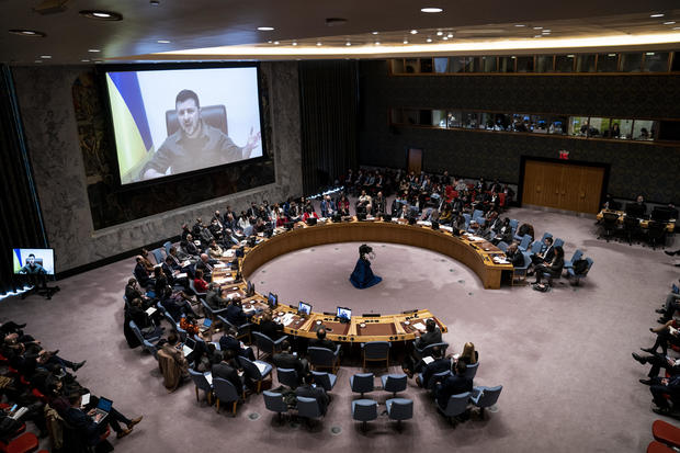 Ukrainian President Volodymyr Zelenskyy speaks via remote video to the U.N. Security Council 