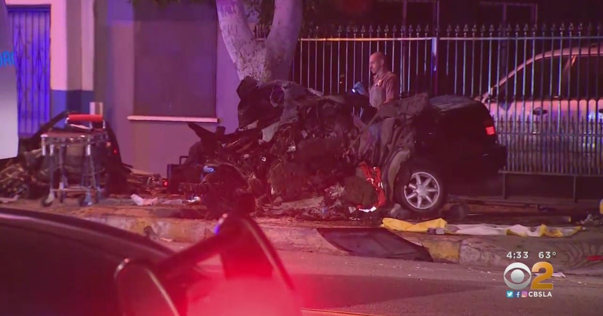 3 killed after car careens into tree in East LA, catches fire - CBS Los ...