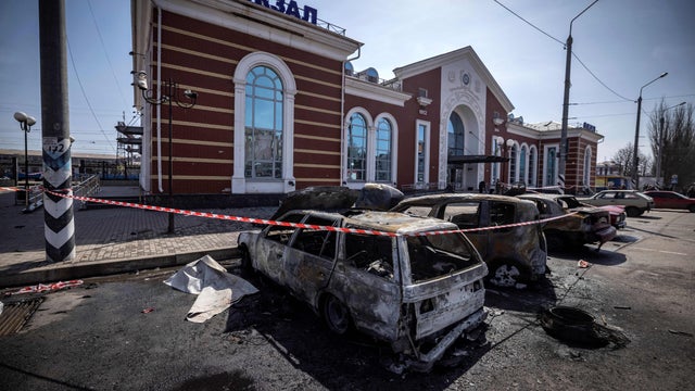 Calcinated cars are seen outside a train station in Kramatorsk in eastern Ukraine after it was hit by a rocket attack April 8, 2022. 