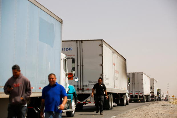 Mexican truck drivers protest truck inspections imposed by Texas Governor Greg Abbott, in Ciudad Juarez 