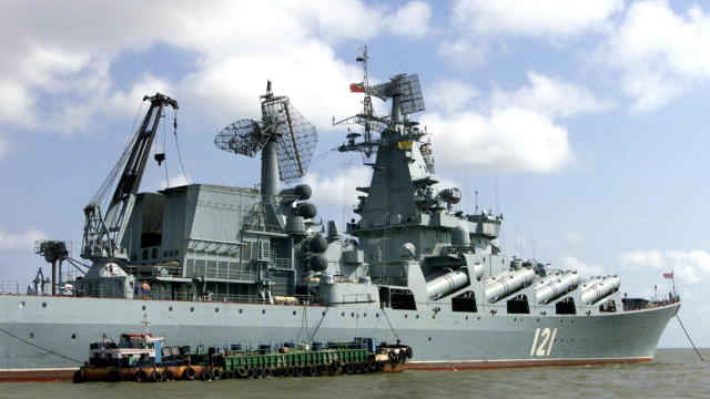 FILE PHOTO: A Russian missile cruiser "Moskva" is anchored near Mumbai 