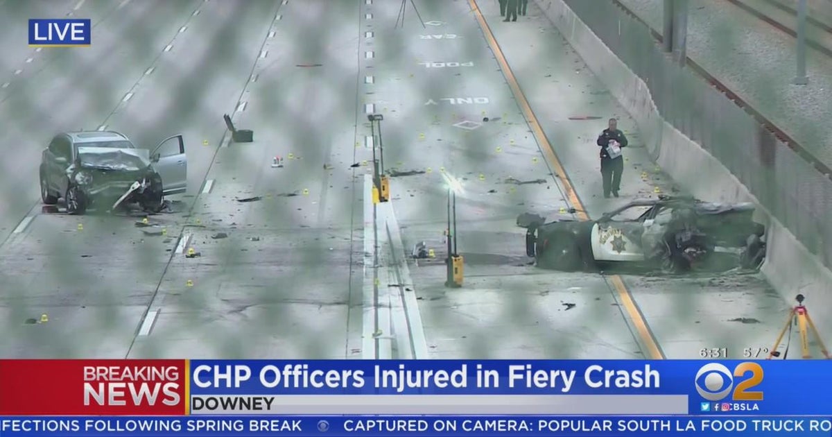 3 CHP officers hurt in fiery wreck on 105 freeway in Downey - CBS Los ...