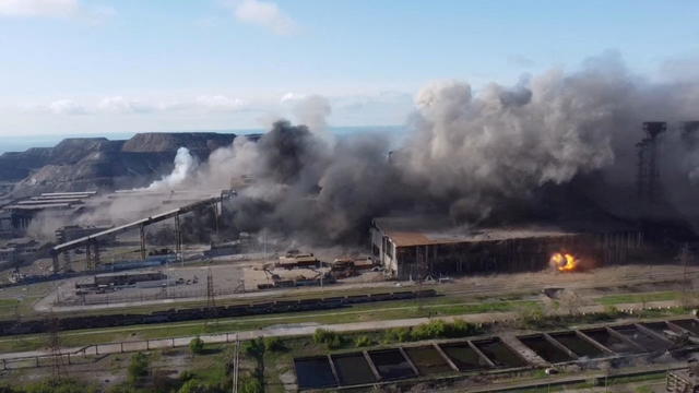 FILE PHOTO: An aerial view shows shelling in the Azovstal steel plant complex, in Mariupol 