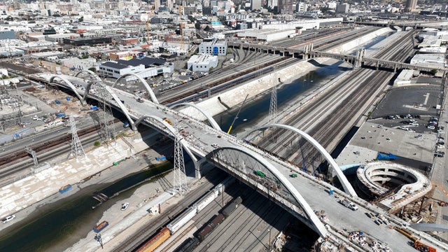 An aerial view of the Sixth Street Viaduct under construction as Mayor Garcetti gives his state of the city address 