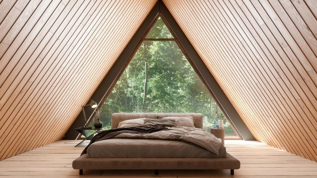 Wooden Tiny House Interior With Bed Furniture And Triangular Window. 