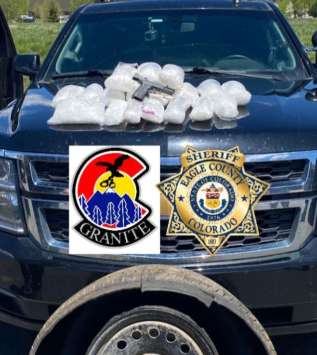 Avon Drug Stop 3 (drugs and gun on hood of truck, from Eagle County SO tweet) 