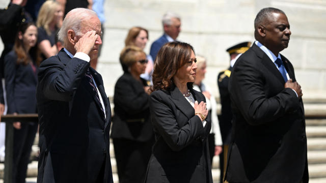 President Biden, Vice President Kamala Harris and Defense Secretary Lloyd Austin participate in a wreath-laying ceremony at the Tomb of the Unknown Soldier in honor of Memorial Day at Arlington National Cemetery in Arlington, Virginia, on May 30, 2022. 