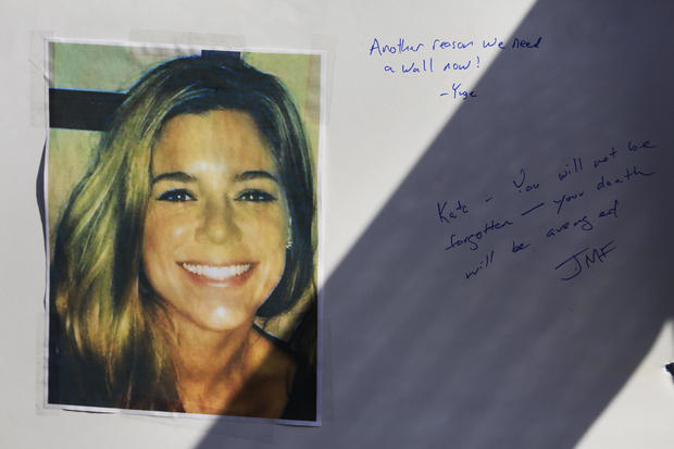 Messages are seen on a poster with a photo of Kate Steinle at a  memorial at Pier 14 on Friday, December 1, 2017 in San Francisco, Calif.   Much of the shrine appeared to have been started by a self-proclaimed ?alt-right? group. Jose Ines Garcia Zarate wa 