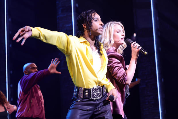 Myles Frost and Whitney Bashor take part in the curtain call during the opening night of "MJ" the Michael Jackson musical at Neil Simon Theatre on February 1, 2022, in New York City. 