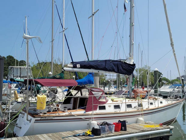 The sailboat Kyklades, which Yanni Nikopoulos and Dale Jones were using when they went missing, is seen in a photo provided by the U.S. Coast Guard. 