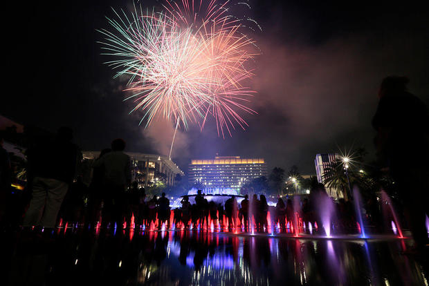 LOS ANGELES, CA, FRIDAY, JULY 4, 2014 - Fireworks explode over the Dorothy Chandler Pavillion as ten 