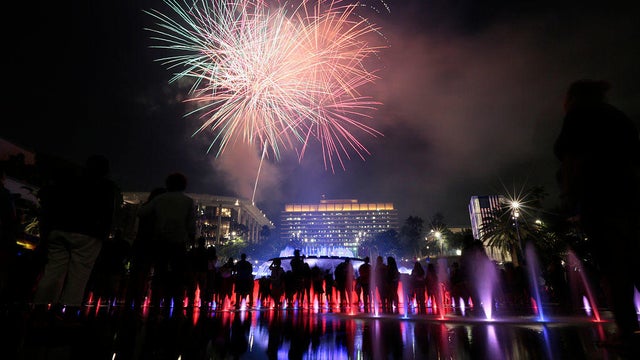 LOS ANGELES, CA, FRIDAY, JULY 4, 2014 - Fireworks explode over the Dorothy Chandler Pavillion as ten 