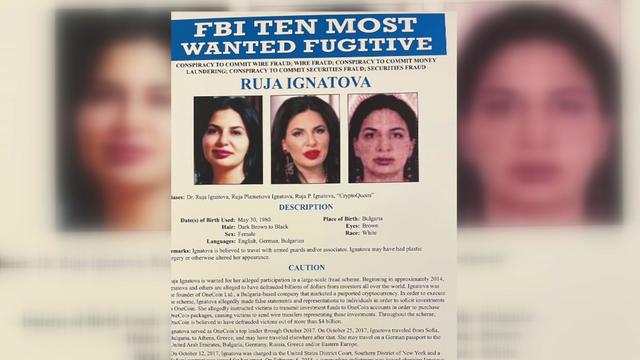 An "FBI Ten Most Wanted Fugitive" flyer bearing photos of Ruja Ignatova, a description and a warning of her alleged crimes 