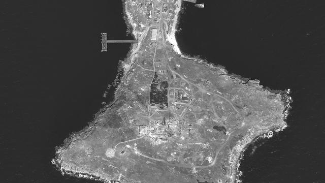 A satellite image shows an overview of Snake Island 