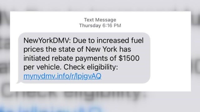 A screenshot of a text message bubble reading, "NewYorkDMV: Due to increased fuel prices the state of New York has initiated rebate payments of $1500 per vehicle. Check eligibility," followed by a link. 
